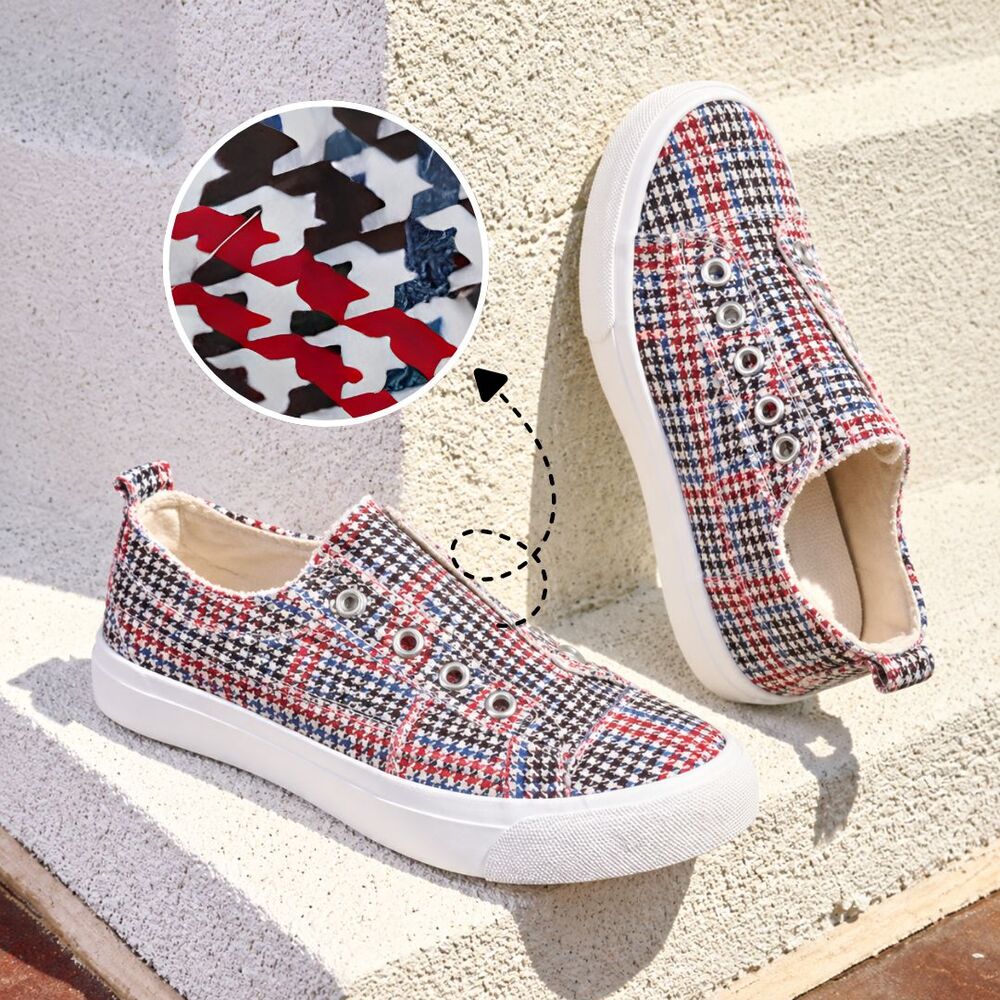 Corkys Babalu Slip On Sneakers 7 Plaid Houndstooth Red Blue Americana Shoes